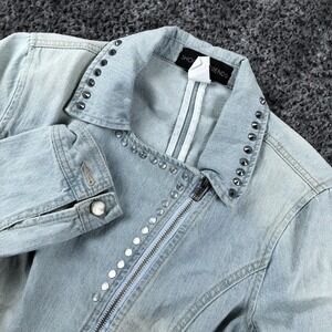 Shop The Trends Jacket Womens Large Blue Denim Studded Biker Moto Short Zip